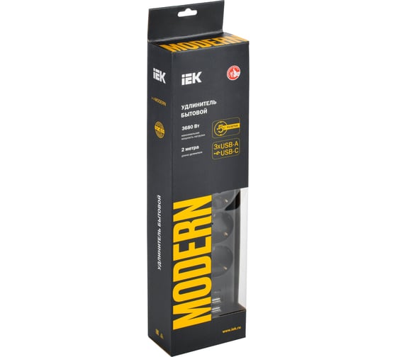 Удлинитель IEK Modern у05в с/з 2м 3x1мм2 16а/250в usbх4 чер. WYP12-16-05-02-ZKU-K02