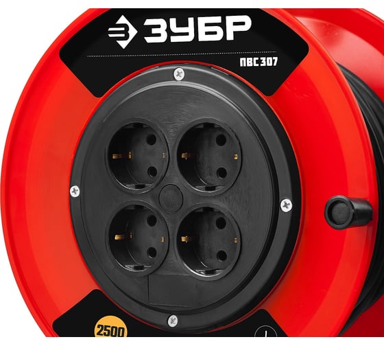 Удлинитель на катушке ЗУБР "ПВС 307", 30 м, 2500 Вт, 4 гнезда, ПВС 3х0,75 кв мм, 55083-30