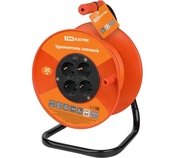 Силовой удлинитель TDM ELECTRIC УКз16-004 4 места, 20 м, ПВС 3x1,5 SQ1301-0537