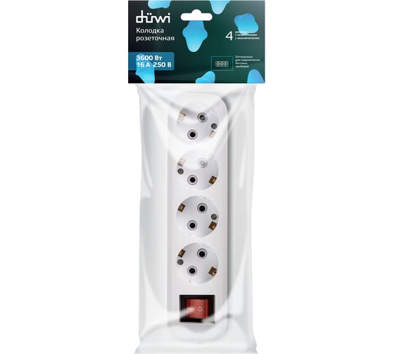 Розеточная колодка duwi 4 гнезда c/з с выключателем 16A 28637 0