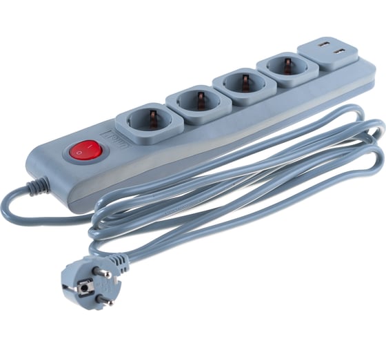 Сетевой фильтр Uniel Lux, 3м, Пвс 3х0,75, 4 гнезда, с/з, 1USB/1A. 10А S-GSL5-3U GREY UL-00001761
