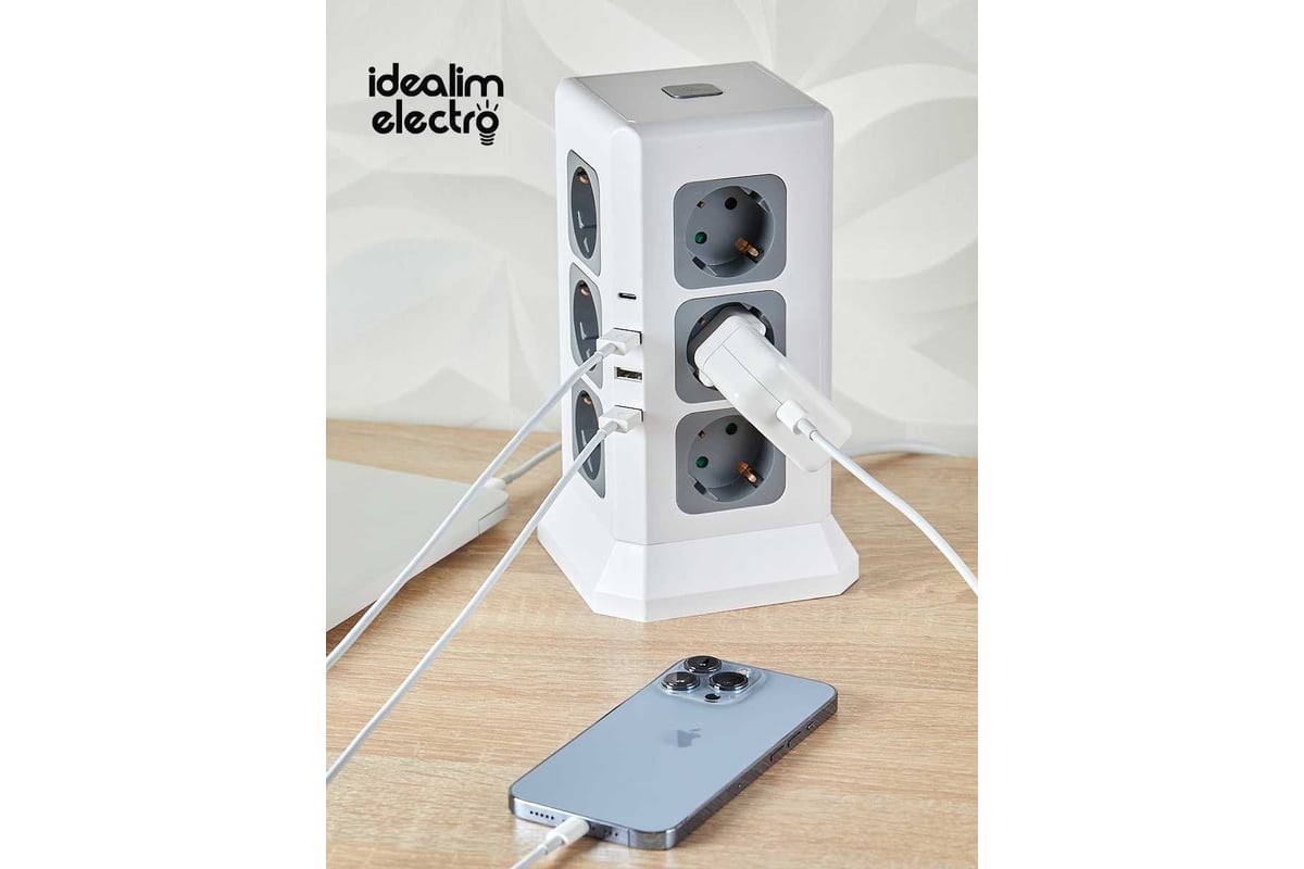 Сетевой фильтр башня idealim 12 розеток, 3 usb, 1typeC, шнур 2 метра  Tower-12r-3usb-1typeC-2M-white - выгодная цена, отзывы, характеристики,  фото - купить в Москве и РФ