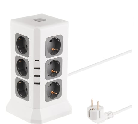 Сетевой фильтр башня idealim 12 розеток, 3 usb, 1typeC, шнур 2 метра Tower-12r-3usb-1typeC-2M-white