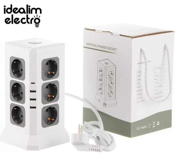 Сетевой фильтр башня idealim 12 розеток, 3 usb, 1typeC, шнур 2 метра Tower-12r-3usb-1typeC-2M-white