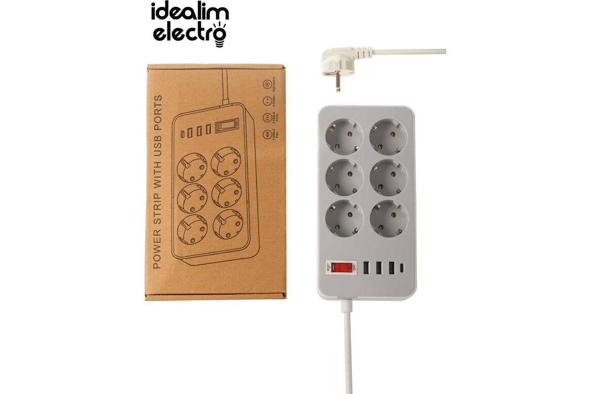 Удлинитель idealim сетевой фильтр электрический с USB и Type-C ...
