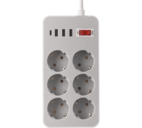 Удлинитель idealim сетевой фильтр электрический с USB и Type-C MultiAdapter-6r-3usb-1typeC-1,6М-gray