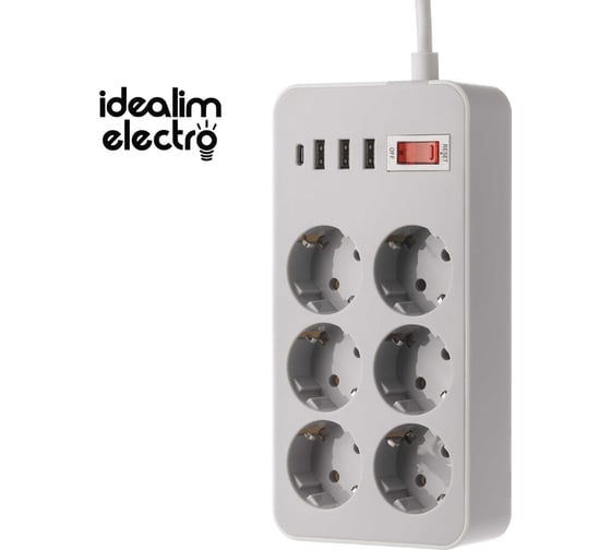 Удлинитель idealim сетевой фильтр электрический с USB и Type-C MultiAdapter-6r-3usb-1typeC-1,6М-gray