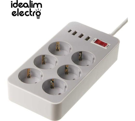 Удлинитель idealim сетевой фильтр электрический с USB и Type-C MultiAdapter-6r-3usb-1typeC-1,6М-gray