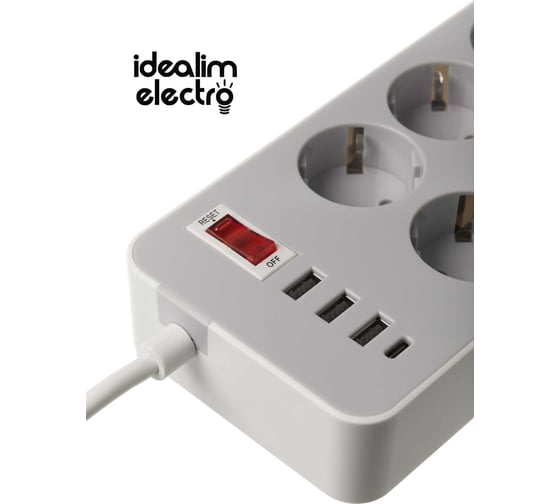 Удлинитель idealim сетевой фильтр электрический с USB и Type-C MultiAdapter-6r-3usb-1typeC-1,6М-gray