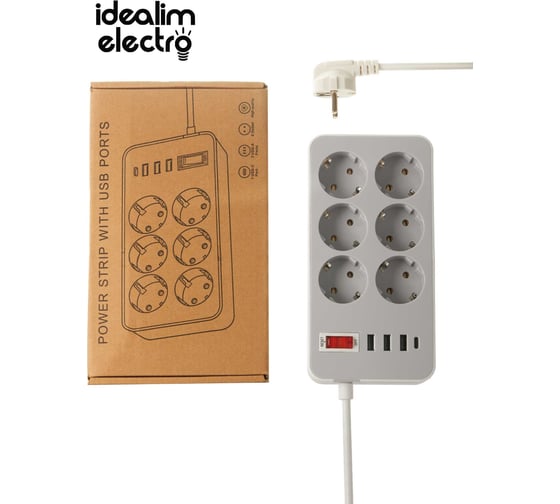 Удлинитель idealim сетевой фильтр электрический с USB и Type-C MultiAdapter-6r-3usb-1typeC-1,6М-gray