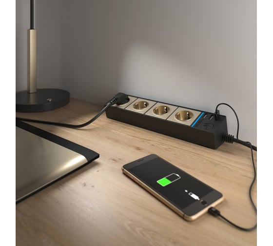 Розеточный блок 4-х местный + 3 USB WERKEL W6514944 черный шампань рифленый a051462