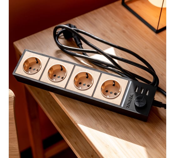 Розеточный блок 4-х местный + 3 USB WERKEL W6514944 черный шампань рифленый a051462