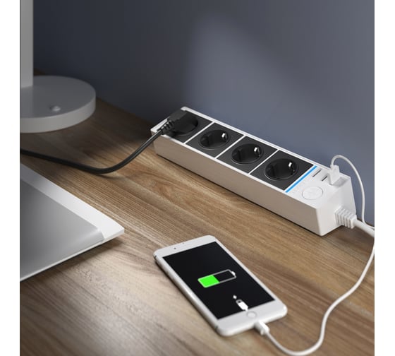 Розеточный блок 4-х местный + 3 USB WERKEL W6514939 белый черный a051461