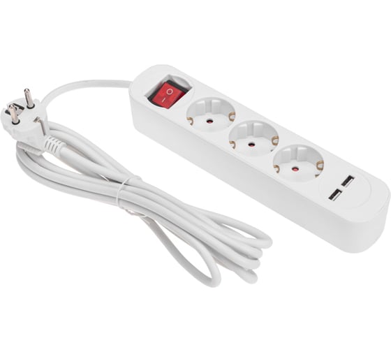 Удлинитель REXANT STANDARD 3 гнезда, 3х1,0мм2, с/з, с выключателем, 2 USB, 3 м, белый 13-4016