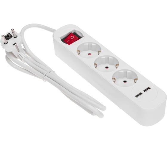 Удлинитель REXANT STANDARD 3 гнезда, 3х1,0мм2, с/з, с выключателем, 2 USB, 1,5м, белый 13-4015
