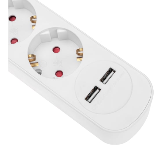 Удлинитель REXANT STANDARD 3 гнезда, 3х1,0мм2, с/з, с выключателем, 2 USB, 1,5м, белый 13-4015
