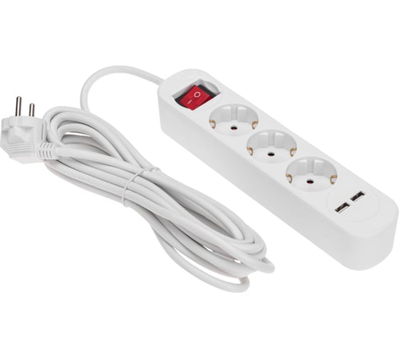 Удлинитель REXANT STANDARD 3 гнезда, 3х1,0мм2, с/з, с выключателем, 2 USB, 5 м, белый 13-4017