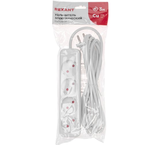 Удлинитель REXANT standard 4 гнезда, 3м, 2x1,0мм2, б/з, белый 13-4024