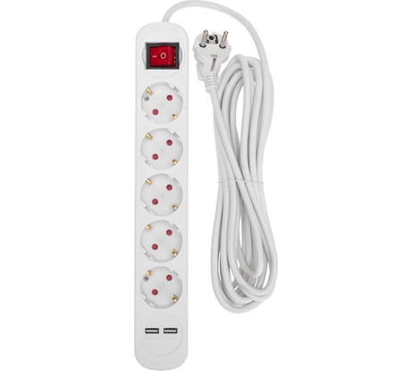 Удлинитель REXANT STANDARD 5 гнезд, 3х1,0мм2, с/з, с выключателем, 2 USB, 5 м, белый 13-4036