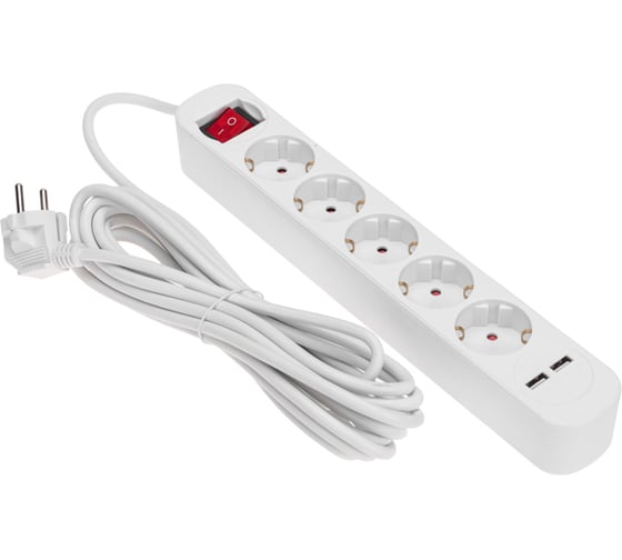 Удлинитель REXANT STANDARD 5 гнезд, 3х1,0мм2, с/з, с выключателем, 2 USB, 5 м, белый 13-4036