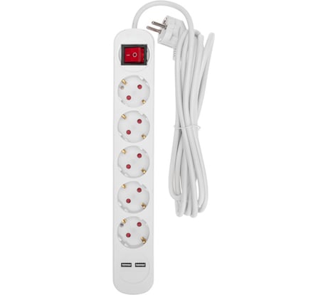 Удлинитель REXANT STANDARD 5 гнезд, 3х1,0мм2, с/з, с выключателем, 2 USB, 3 м, белый 13-4035