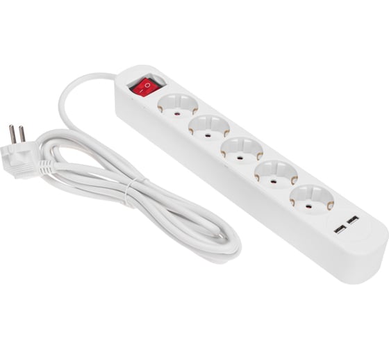 Удлинитель REXANT STANDARD 5 гнезд, 3х1,0мм2, с/з, с выключателем, 2 USB, 3 м, белый 13-4035