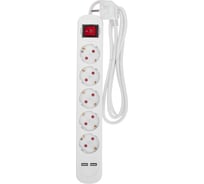 Удлинитель REXANT standard 5 гнезд, 1,5м, 3x1,0мм2, с/з, с выключателем, 2 usb, белый 13-4034