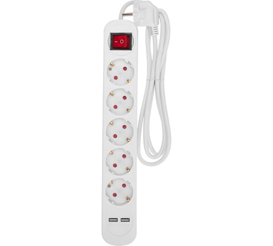 Удлинитель REXANT standard 5 гнезд, 1,5м, 3x1,0мм2, с/з, с выключателем, 2 usb, белый 13-4034