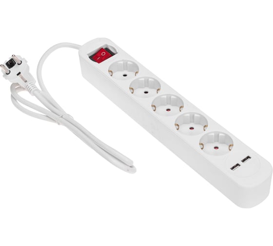 Удлинитель REXANT standard 5 гнезд, 1,5м, 3x1,0мм2, с/з, с выключателем, 2 usb, белый 13-4034