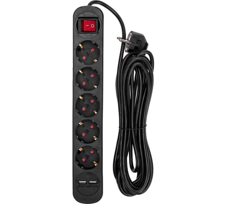 Удлинитель REXANT STANDARD 5 гнезд, 3х1,0мм2, с/з, с выключателем, 2 USB, 5 м, черный 13-4042