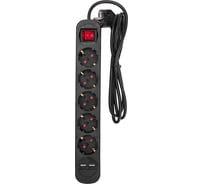 Удлинитель REXANT standard 5 гнезд, 1,5м, 3x1,0мм2, с/з, с выключателем, 2 usb, черный 13-4040