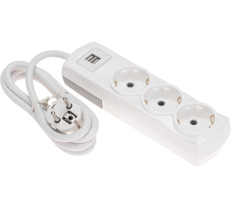 Удлинитель REXANT PREMIUM 3 гнезда, 3х1,5мм2, с/з, 2 USB, белый, 1,5 м 13-4109