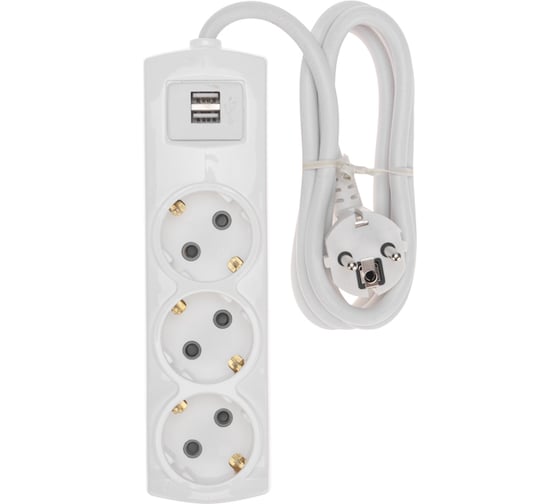 Удлинитель REXANT PREMIUM 3 гнезда, 3х1,5мм2, с/з, 2 USB, белый, 1,5 м 13-4109
