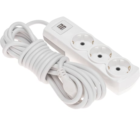 Удлинитель REXANT PREMIUM 3 гнезда, 3x1,5мм2, с/з, 2 USB, 5 м, белый 13-4111