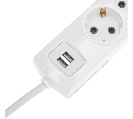 Удлинитель REXANT PREMIUM 3 гнезда, 3x1,5мм2, с/з, 2 USB, 5 м, белый 13-4111