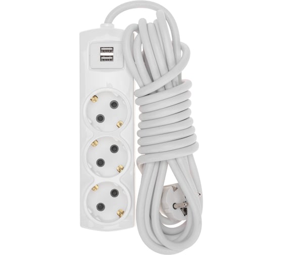 Удлинитель REXANT PREMIUM 3 гнезда, 3x1,5мм2, с/з, 2 USB, 5 м, белый 13-4111