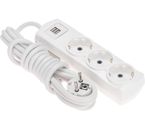 Удлинитель ПРЕМИУМ 3 гнезда, 3м, 3x1,5мм2, с/з, 2 USB-разъема REXANT белый 13-4110