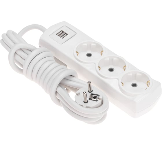 Удлинитель ПРЕМИУМ 3 гнезда, 3м, 3x1,5мм2, с/з, 2 USB-разъема REXANT белый 13-4110