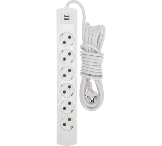 Удлинитель REXANT PREMIUM 6 гнезд, 5 м, 3x1,5 мм2, с/з, 2 USB, белый 13-4123