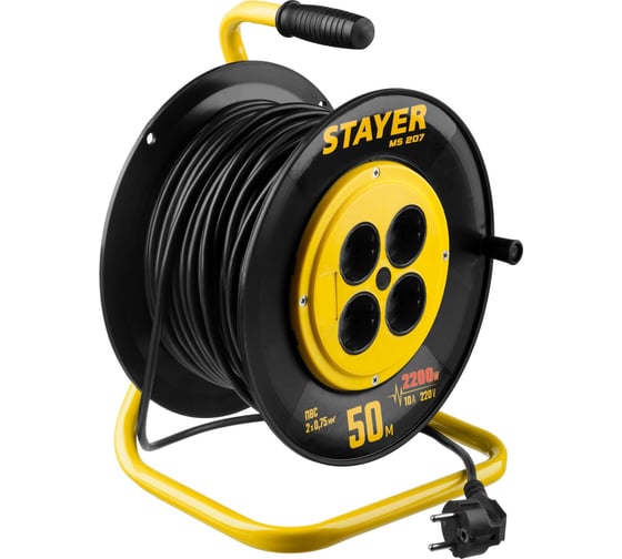 Удлинитель на катушке STAYER "MS 207", 50 м, 2200 Вт, 4 гнезда, ПВС, 55073-50