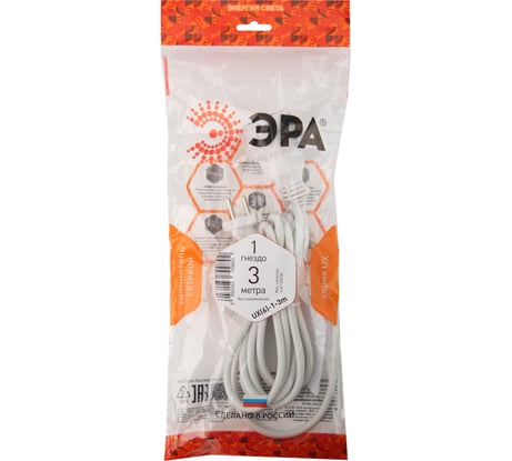 Удлинитель ЭРА UX-1-3m электрический, без заземления, 1 розетка, 3м, ПВС, 2x0,75мм2, 6А, Б0039819