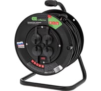 Силовой удлинитель на кабельной катушке СИБРТЕХ ПВС, 50м, 4 розетки с крышкой, IP44, 16А, УХз16, Россия 96048