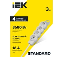 Удлинитель IEK STANDARD У04 4 места 2P+PE 3м 3х1,5мм2 16А белый 695007