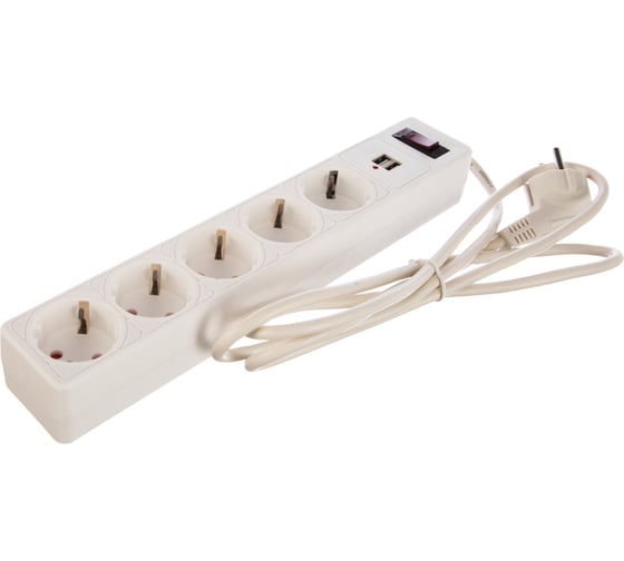 Сетевой фильтр c USB Smartbuy 10А, 5 гнезд, c з/ш, земля, ПВС 3x0,75, 1,8 м, белый SBSP-18U-W