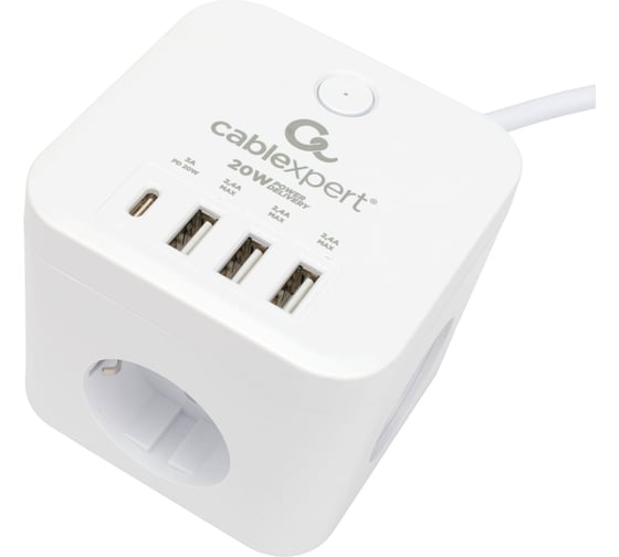 Сетевой фильтр Cablexpert cube, 3р, 10а, 1xtype-c pd, 3xusb, 1.5м, ур.защиты 4+, белый, коробка, CUBE-3-CU3-W-1.5