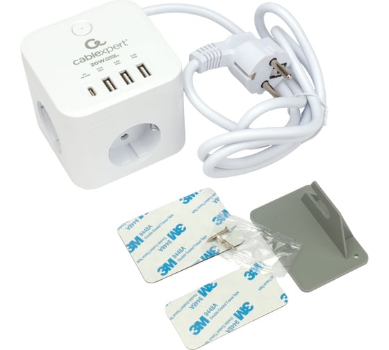 Сетевой фильтр Cablexpert cube, 3р, 10а, 1xtype-c pd, 3xusb, 1.5м, ур.защиты 4+, белый, коробка, CUBE-3-CU3-W-1.5