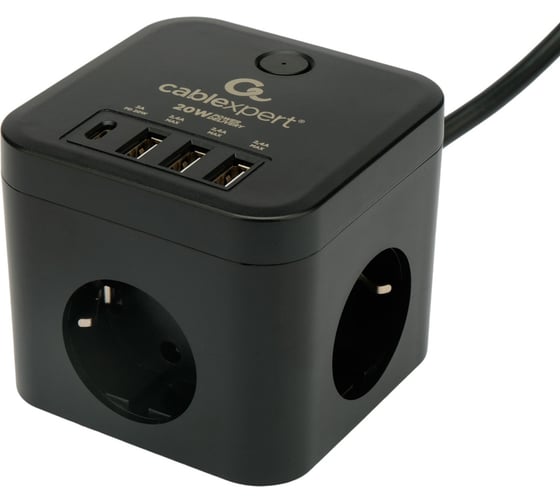Сетевой фильтр Cablexpert cube, 3р, 10а, 1xtype-c pd, 3xusb, 1.5м, ур.защиты 4+, черный, короб, CUBE-3-CU3-B-1.5