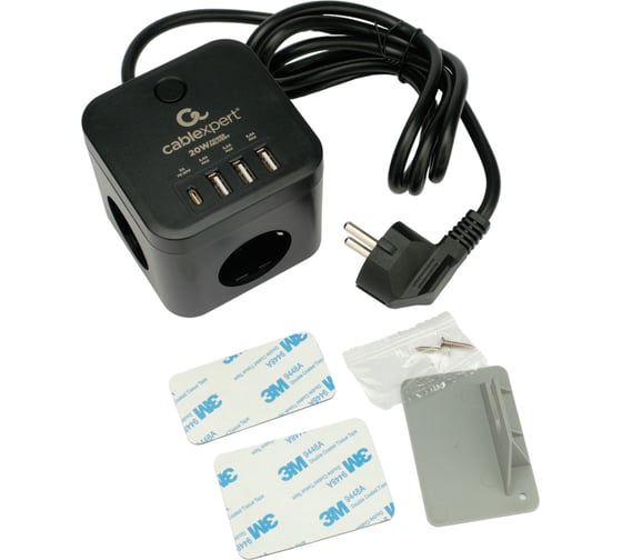 Сетевой фильтр Cablexpert cube, 3р, 10а, 1xtype-c pd, 3xusb, 1.5м, ур.защиты 4+, черный, короб, CUBE-3-CU3-B-1.5
