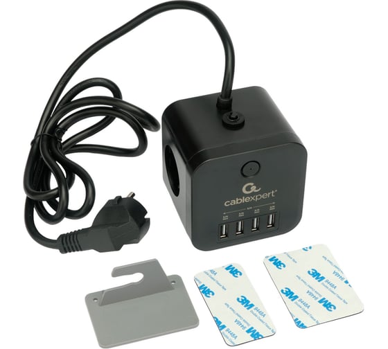 Сетевой фильтр Cablexpert cube, 3р, 10а, 4хusb, 1.5м, ур.защиты 4+, черный, коробка, CUBE-3-U4-B-1.5