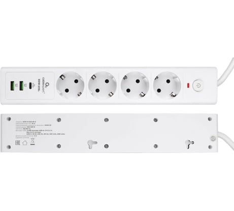 Сетевой фильтр Cablexpert exnovo, 4р, 16а, 1xtype-c pd, 30вт, 2хusb, 2м, ур.защиты 4+, белый, EXN-4-CU2-W-2